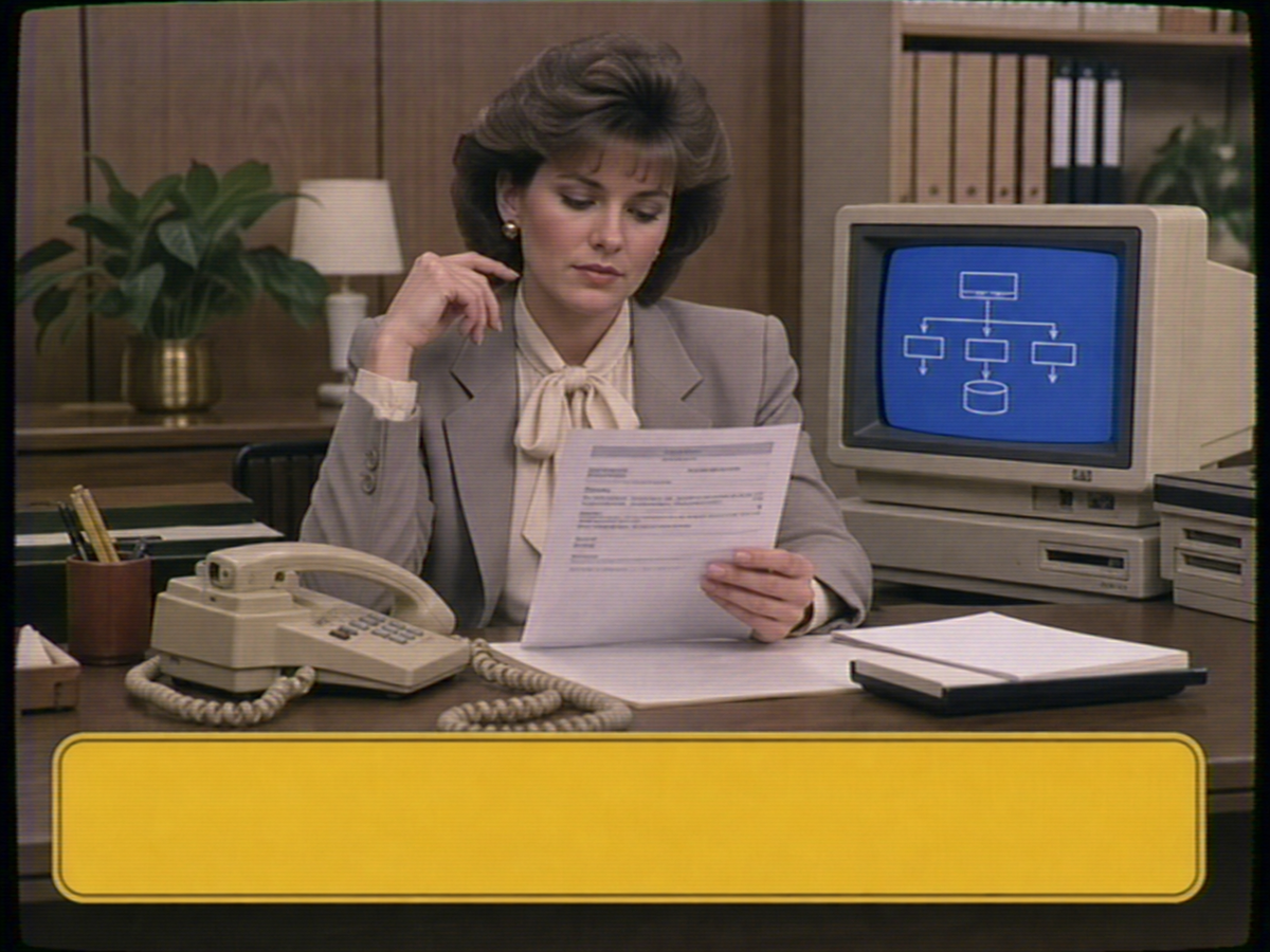 Retro training still showing an approval workflow review at an executive office desk