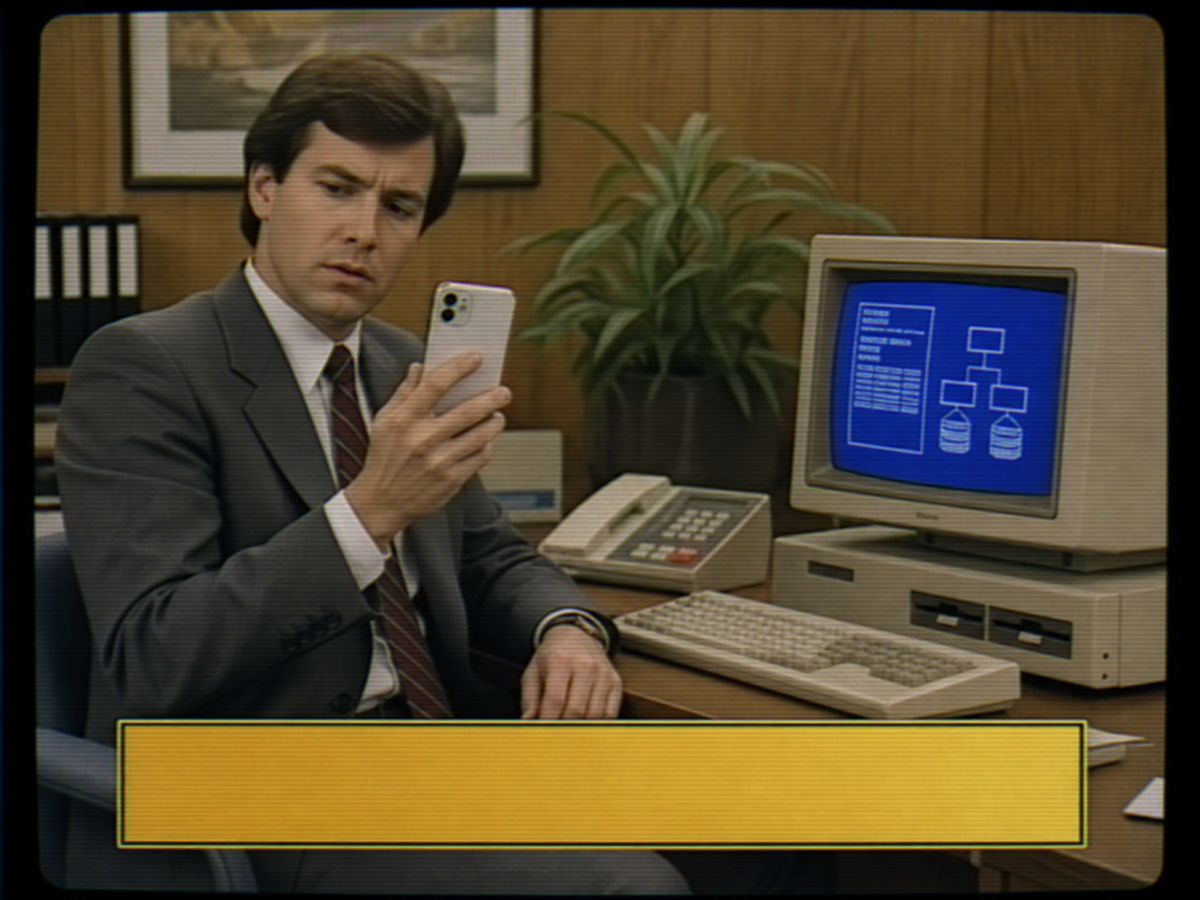 Retro training still showing a mobile access review beside an intranet workstation