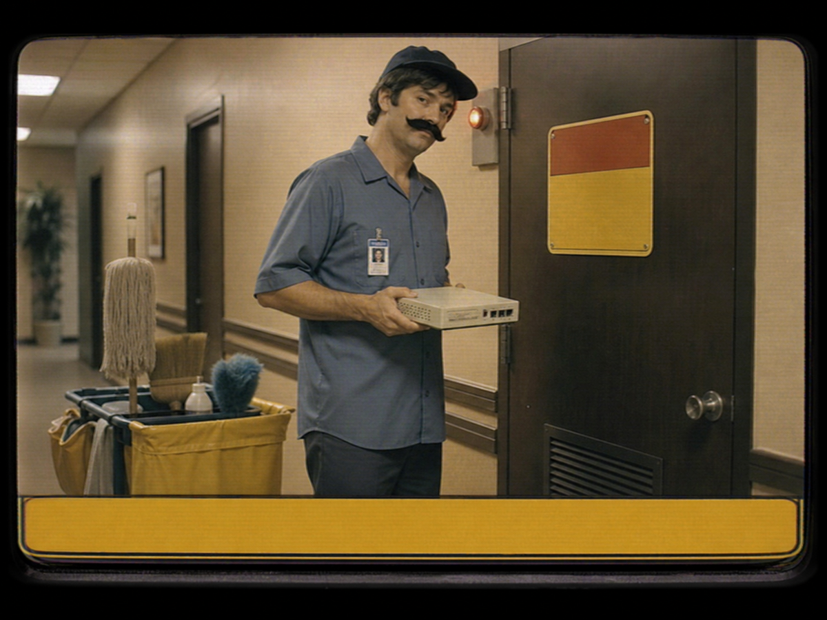 Retro training still showing service-area procedure review near a restricted room